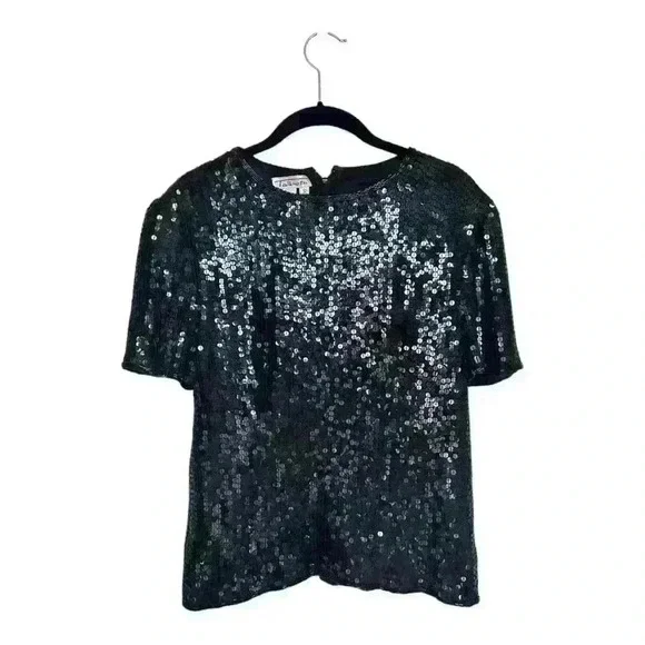 Talbots Vintage 100% Silk Black Sequin Round Neck Short Sleeve Blouse, sz Small - Picture 1 of 11